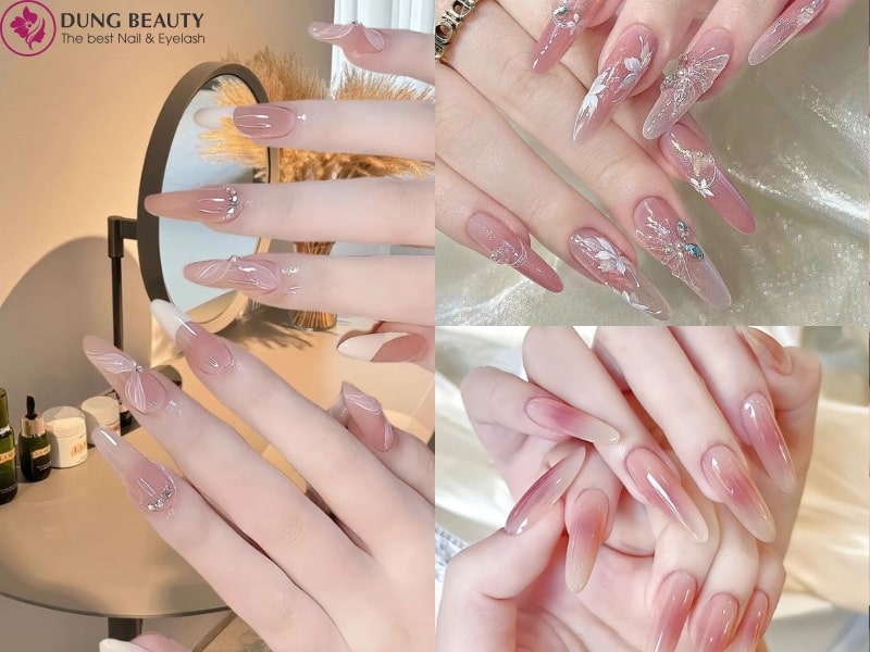 Nail cô dâu màu hồng form móng dài